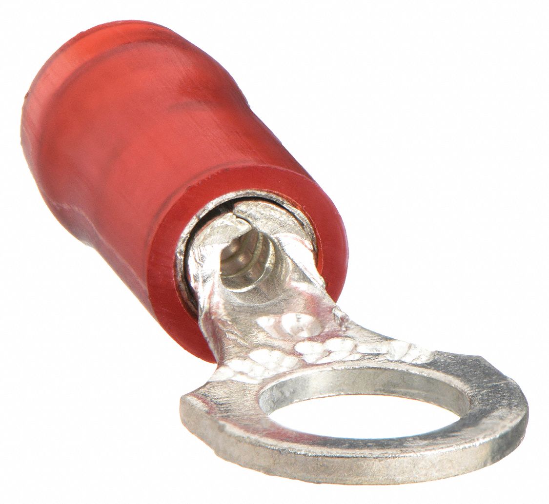 RING TERMINAL, NYLON, RED, #8 STUD SIZE, 22 AWG TO 16 AWG WIRE SIZE RANGE, 100 PK