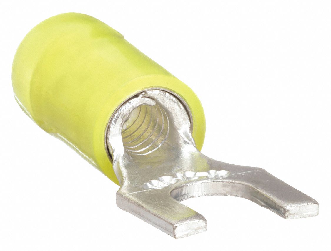 FORK TERMINAL, PARTIAL COVERAGE, YELLOW, NYLON, #8 STUD SIZE, CRIMP TERMINATION ONLY, 50 PK