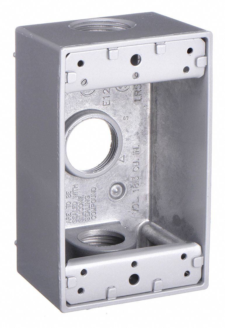 WEATHERPROOF ELECTRICAL BOX, ALUMINUM, 1 GANG, ¾ IN HUB SIZE, 18.3 CU IN CAPACITY, GREY, 3R