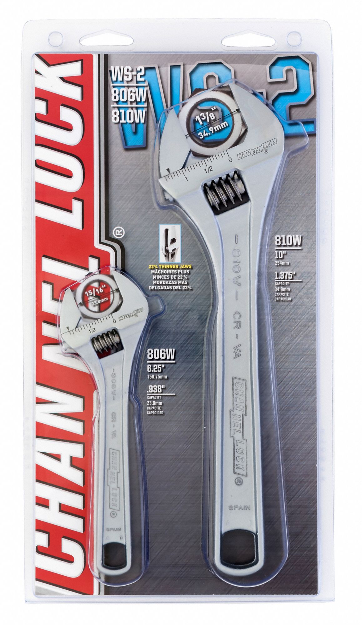 CHANNELLOCK Adjustable Wrench Set Alloy Steel, Chrome, Plain Grip, 6 1