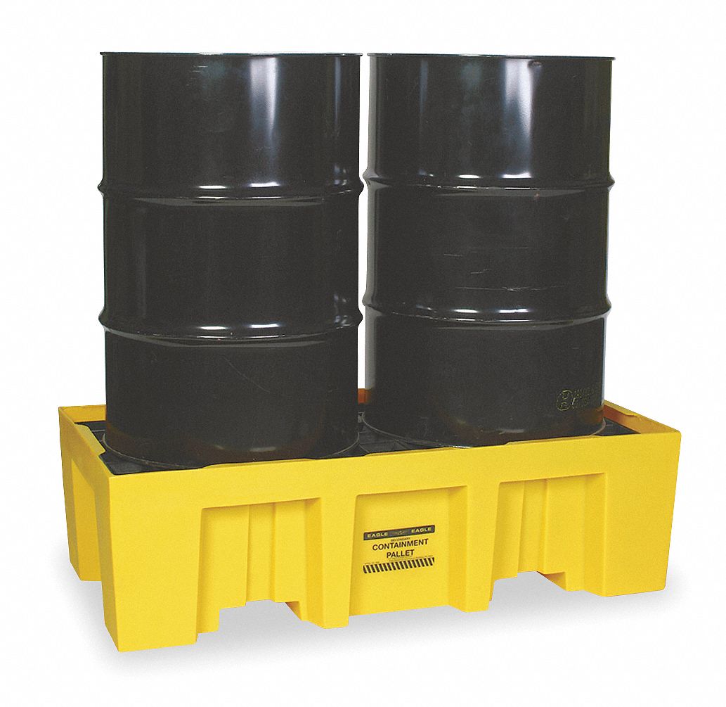 DRUM SPILL CONTAINMENT PALLET, FOR 2 DRUMS, 66 GAL CAPACITY, 4,000 LB LOAD CAPACITY