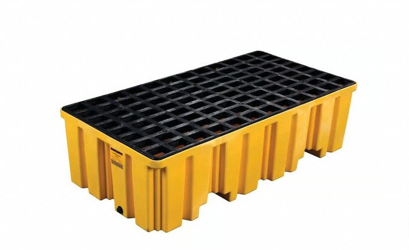 Spill Pallet: For 2 Drums, 26 1/4 in x 51 in x 13 3/4 in, 66 gal Spill Capacity, Yellow