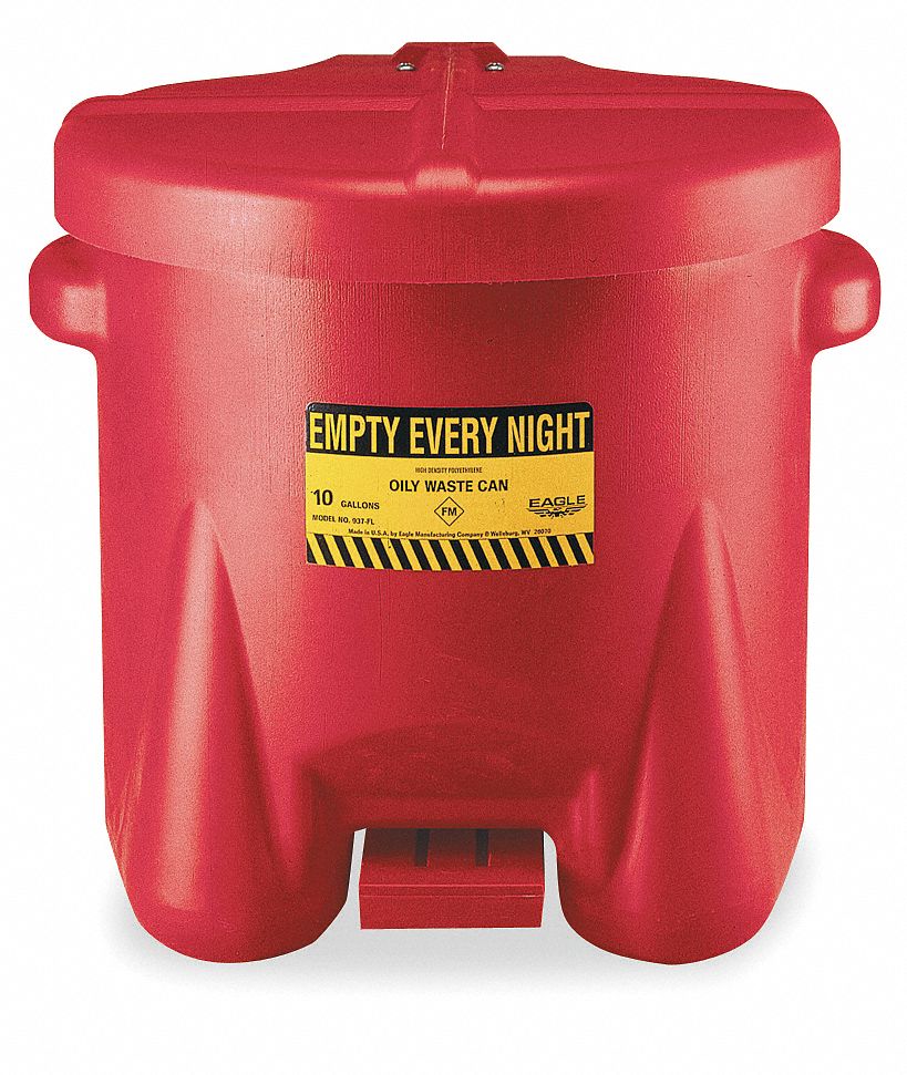 OILY WASTE CAN, 10 GAL, RED, PE, 18 IN H, 18 IN OD, FOOT OPERATED SELF CLOSING