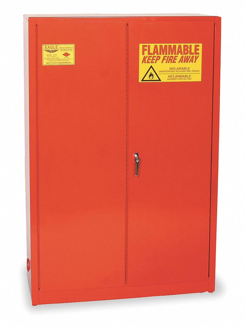 Hazardous Material Storage Cabinet: Std, 60 gal, 43 in x 18 in x 65 in, Red, Self-Closing