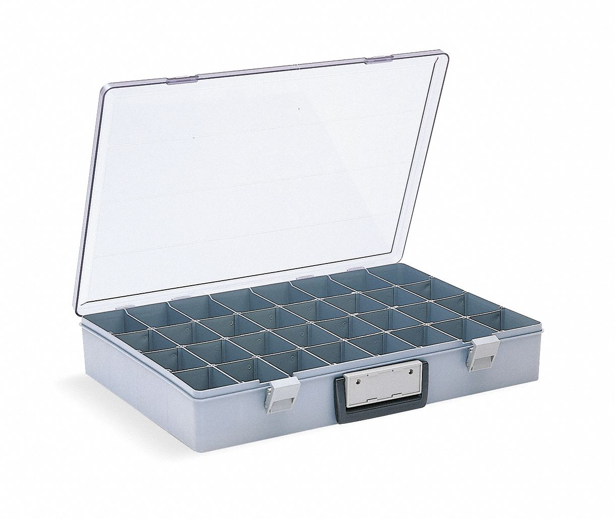 COMPARTMENT BOX, 13 X 18½ X 3 IN, GREY, 32 COMPARTMENTS, 12 ADJUSTABLE DIVIDERS, LATCH