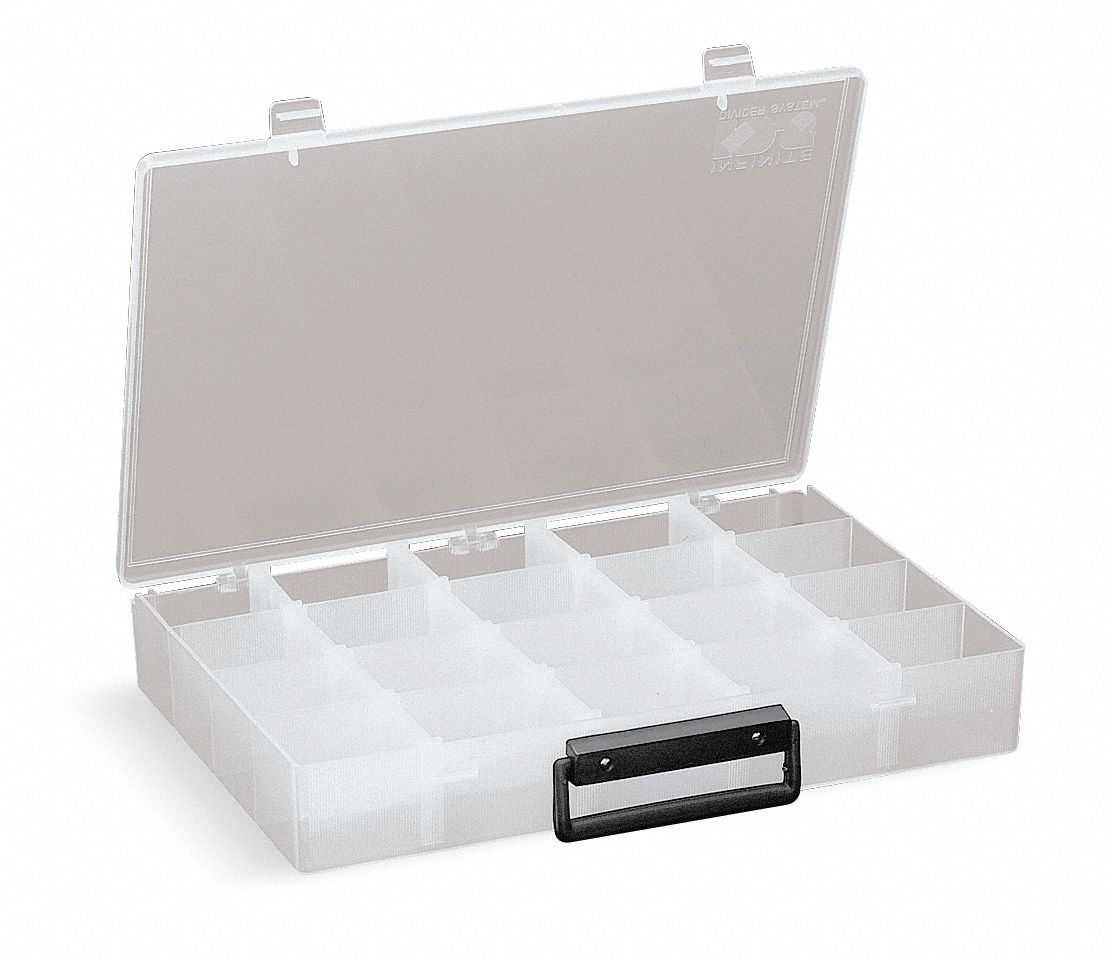 ADJUSTABLE COMPARTMENT BOX, 9⅝ IN X 13½ IN X 2 IN, CLEAR, 20 COMPARTMENTS, SNAP