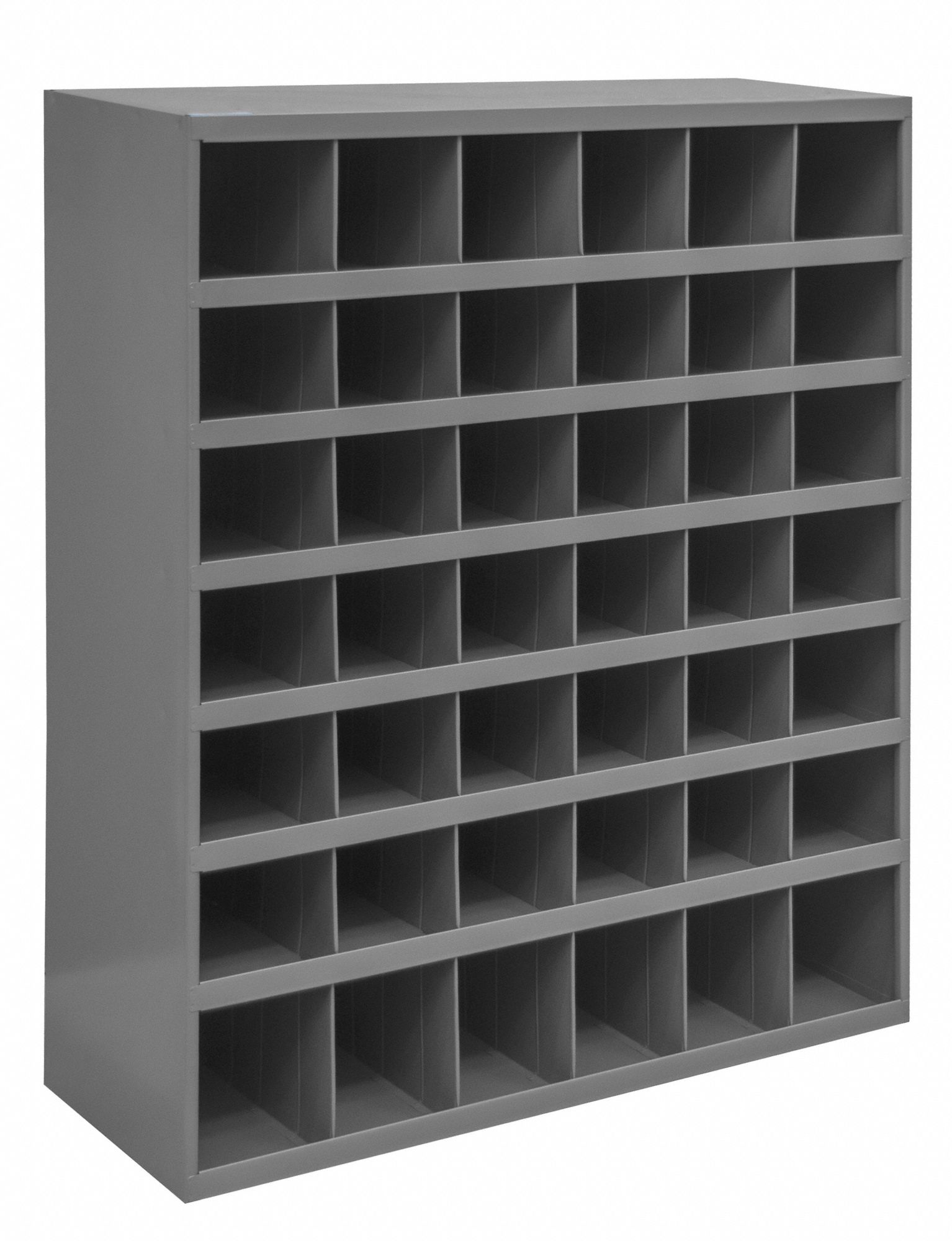 PIGEONHOLE BIN UNIT, 34 IN X 12 IN X 42 IN, 42 COMPARTMENTS, GREY, STEEL, POWDER COATED