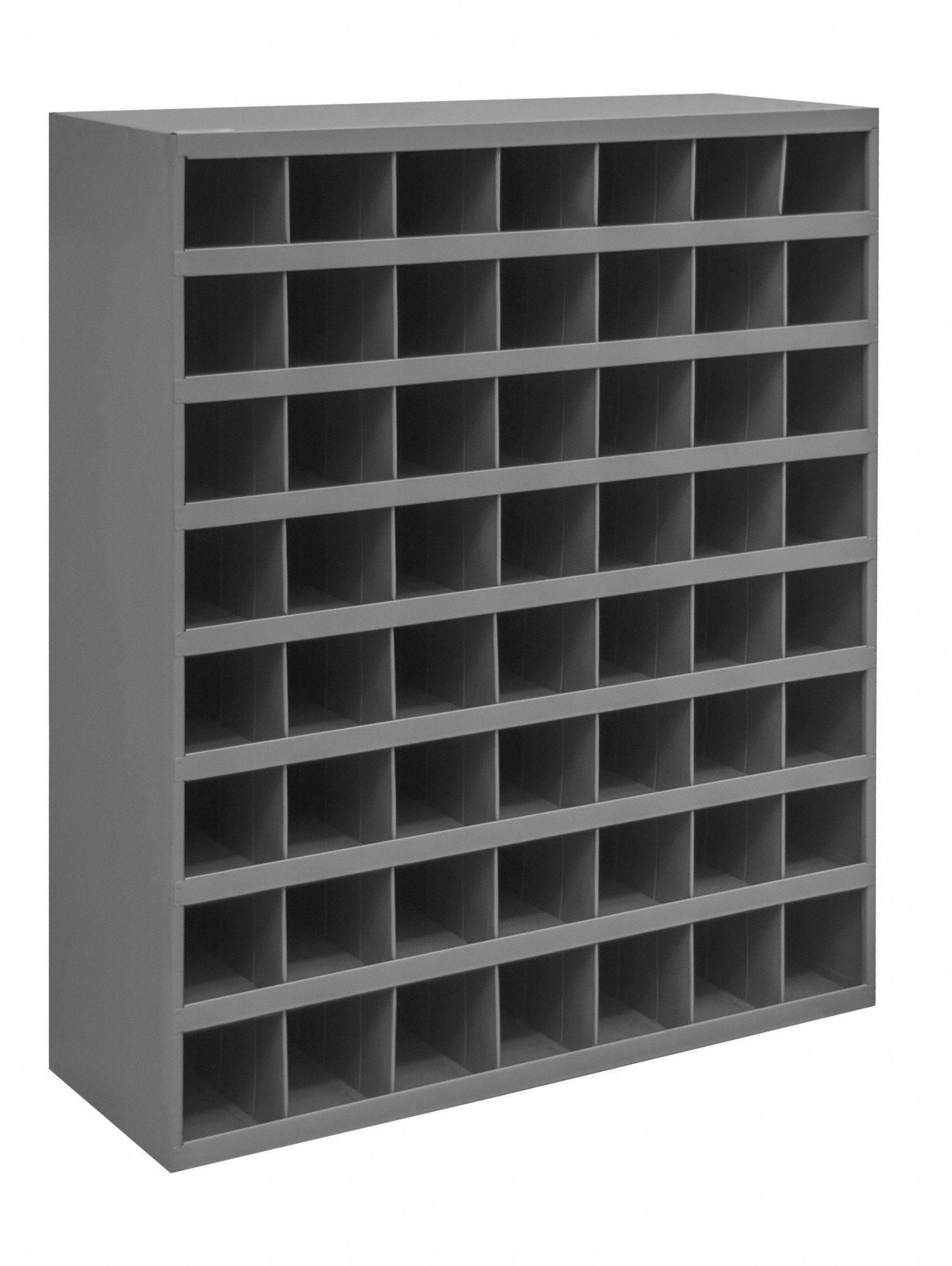 PIGEONHOLE BIN UNIT, 34 IN X 12 IN X 42 IN, 56 COMPARTMENTS, GREY, STEEL, POWDER COATED