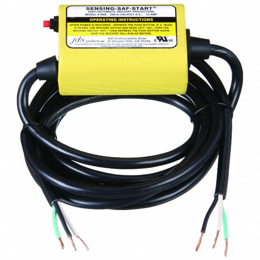 Anti-Restart Device: 14 AWG Wire Size, 9.6 ft Cord Lg, Bare Leads, 15 A  Max. Amps, Rubber, SJTO