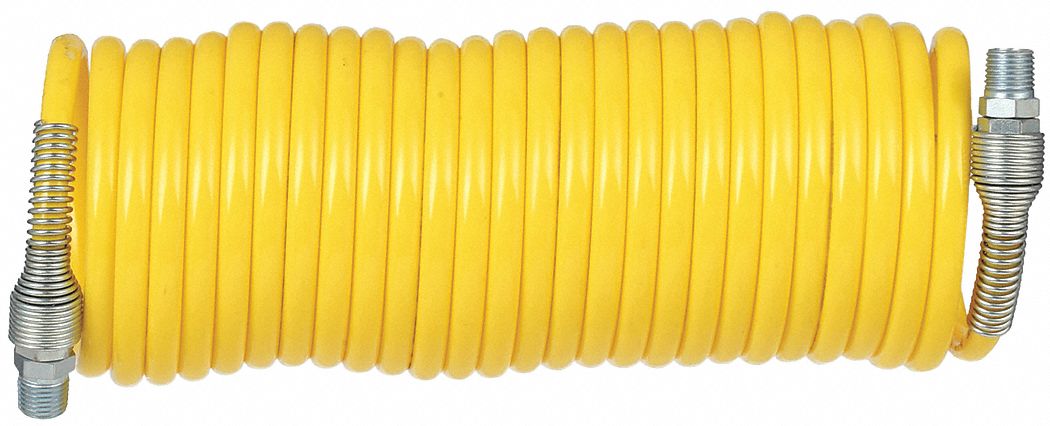 Coiled Air Hose: 1/4 in Hose Inside Dia., Yellow, Brass x Brass, MNPT x MNPT, 25 ft Hose Lg