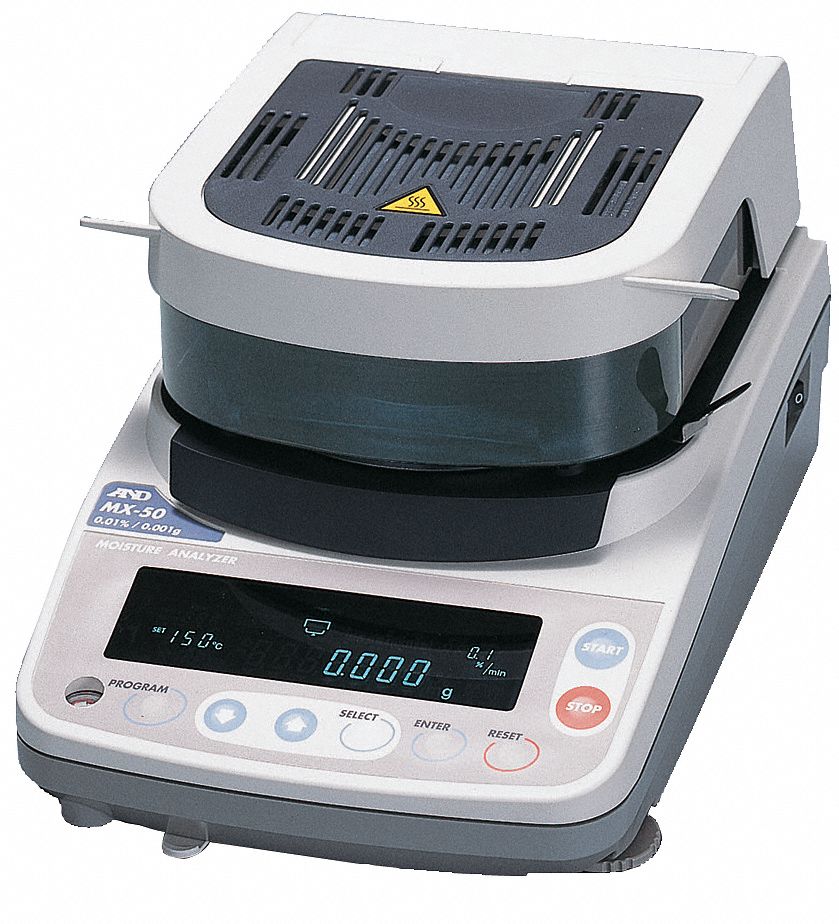 Moisture Analyzer: 51 g Max Capacity, 50°C to 200°C, Halogen, RS232C, VFD, 0.002 g