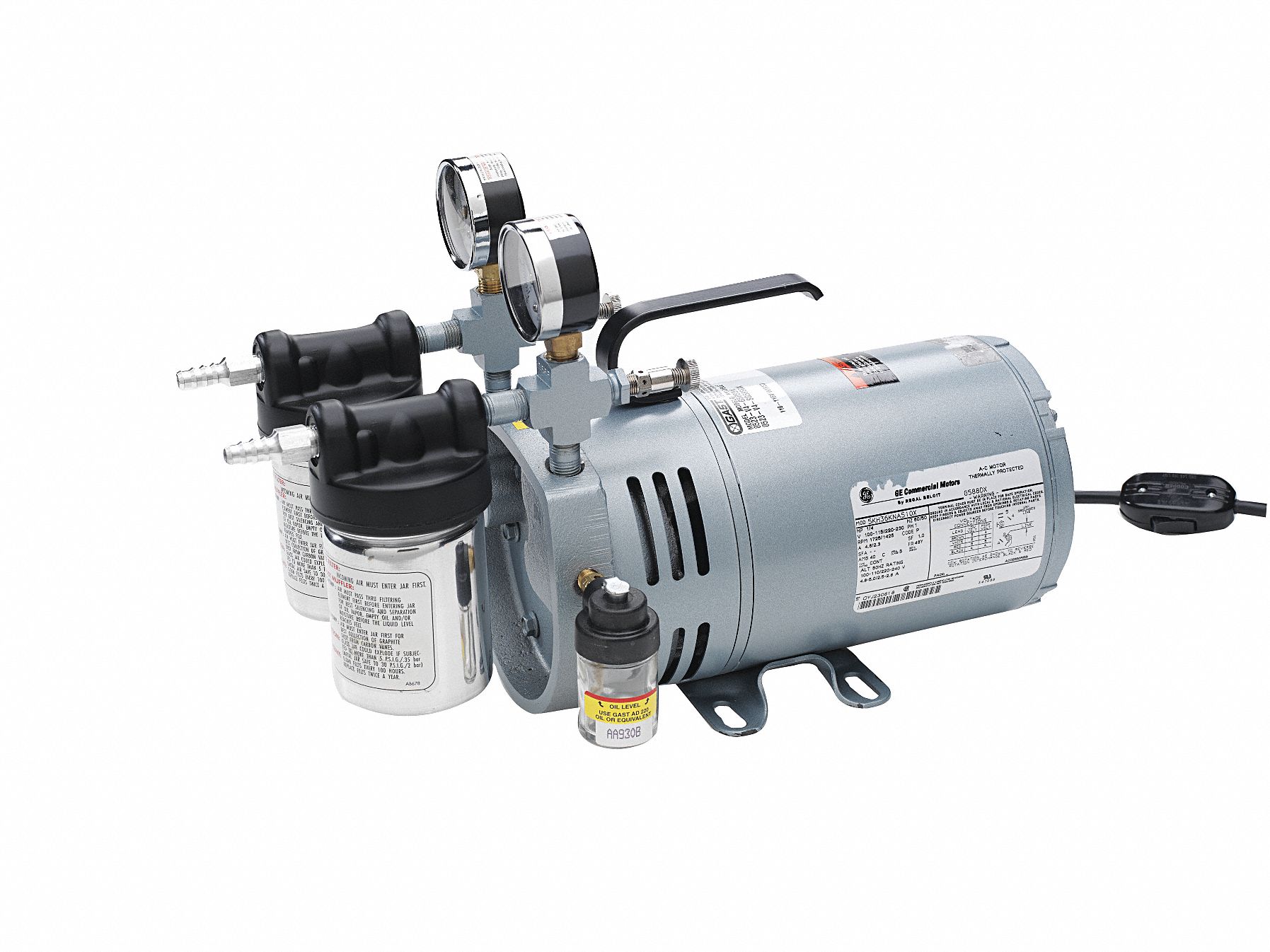 GAST Vacuum Pump: 0.25 hp, 1 Phase, 115/208-230V AC, 4.2 cfm, 26 in Hg Max  Vacuum