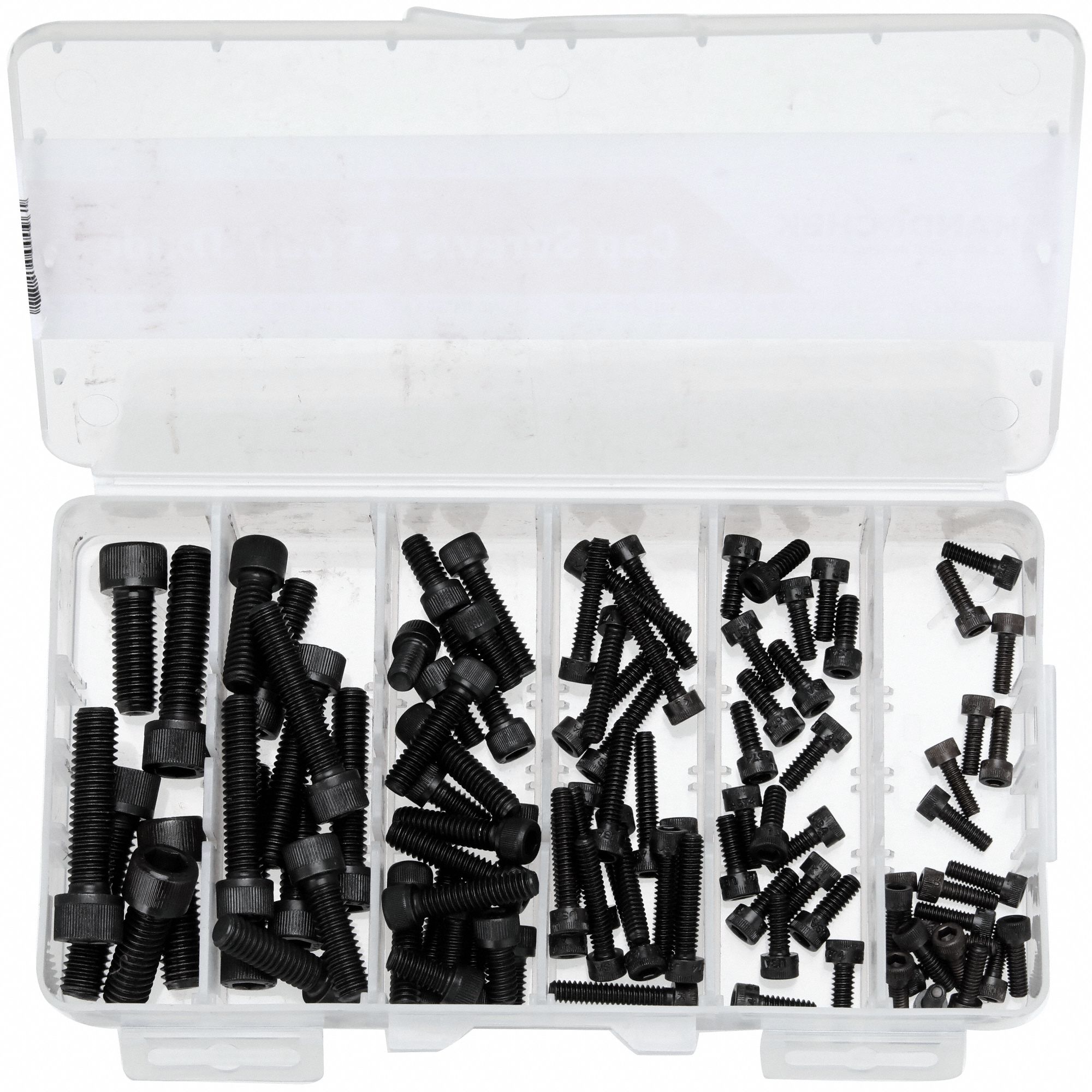 Socket Head Cap Screw Assortment: Std, 9 # of Sizes, 1 1/2 in Container Ht, 106 Pieces, Alloy Steel