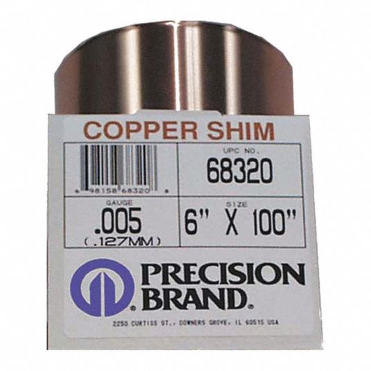 PRECISION BRAND Copper Shim Stock Roll, 110 Grade, 0.005 in Thickness