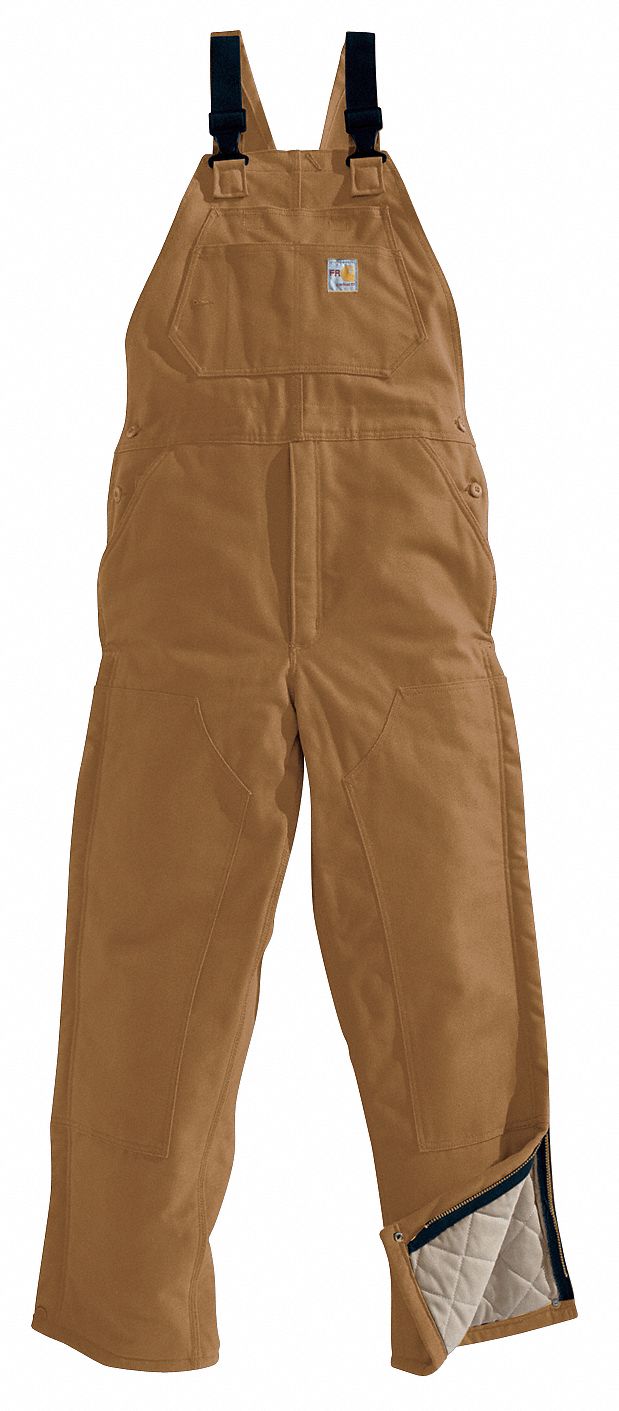 CARHARTT Bib Overalls: 54 cal/sq cm ATPV, Cold-Condition Insulated, 4, 40  in Max Waist Size, Brown