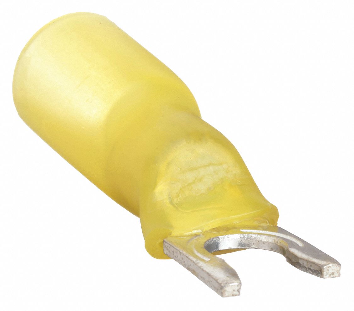 FORK TERMINAL, YELLOW, #10 STUD SIZE, 12 AWG TO 10 AWG WIRE SIZE RANGE, 0.26 TO ½ INCHES, 25 PK