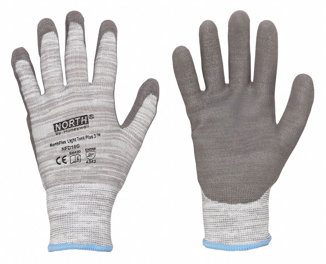 NORTHFLEX LIGHT TASK PLUS 3 CUT-RESISTANT GLOVES, GRY, M/8, NYLON/PU, ANSI/ISEA ABRASION 4