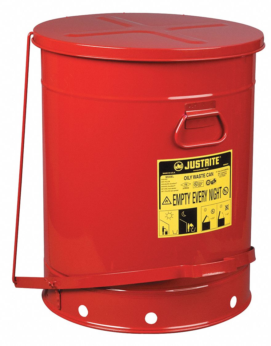 OILY WASTE CAN, 21 GAL, RED, GALVANIZED STEEL, 23-7/16 IN H, FOOT OPERATED SELF CLOSING