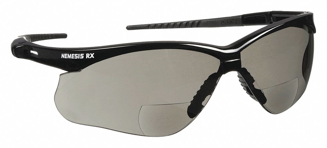 Reader Safety Glasses: Gray Lens Color, Wraparound Frame, Top, +2.0, Black Frame Color