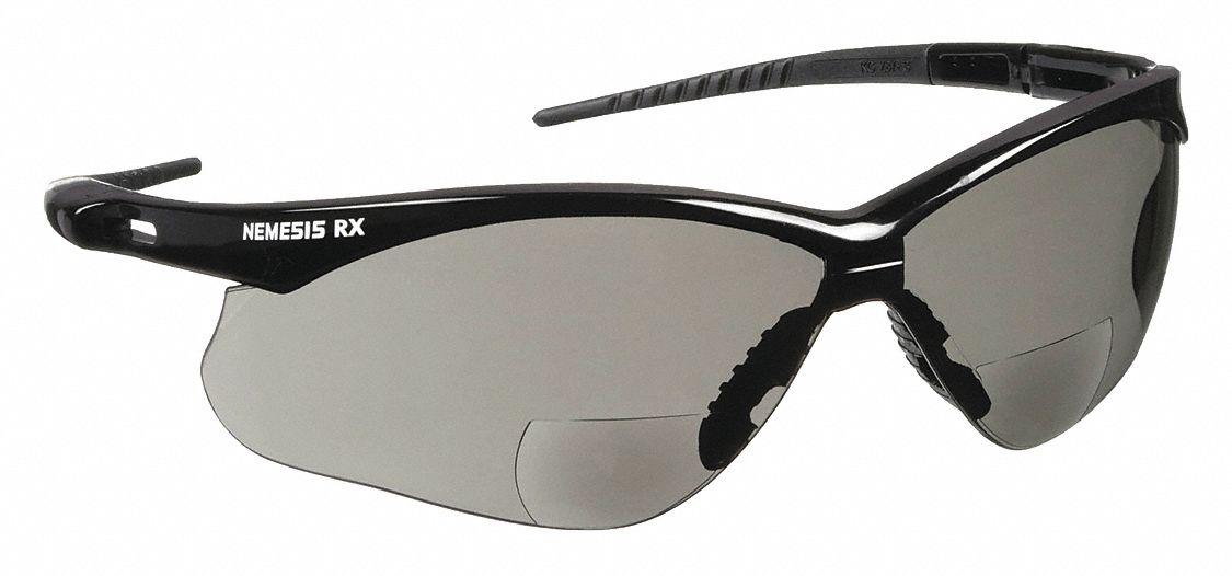 Reader Safety Glasses: Gray Lens Color, Wraparound Frame, Top, +2.50, Black Frame Color
