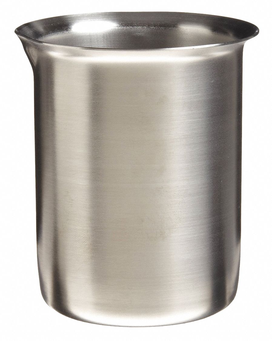 Beaker: 20.3 oz Capacity - oz, 3 3/4 in Dia, 4 5/8 in Overall Ht, Stainless Steel, Silver, Beaker