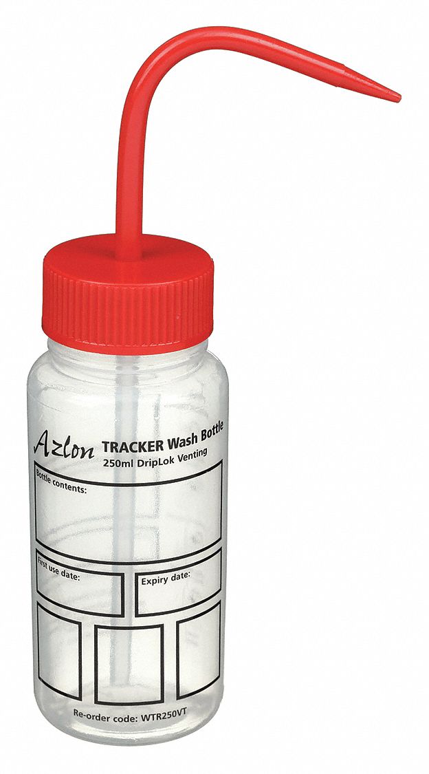 Wash Bottle: 8.45 fl oz Capacity - oz, 250 mL Capacity - mL, No Imprinting or Write On, Write-On