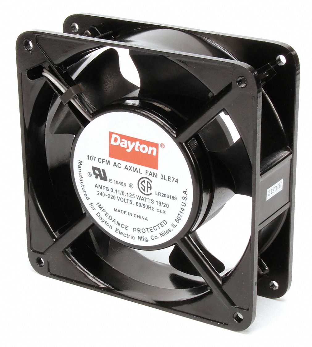Standard Square Axial Fan: 4 11/16 in Ht, 1 1/2 in Dp, 107 cfm, IP20, Cast Aluminum, 230V AC