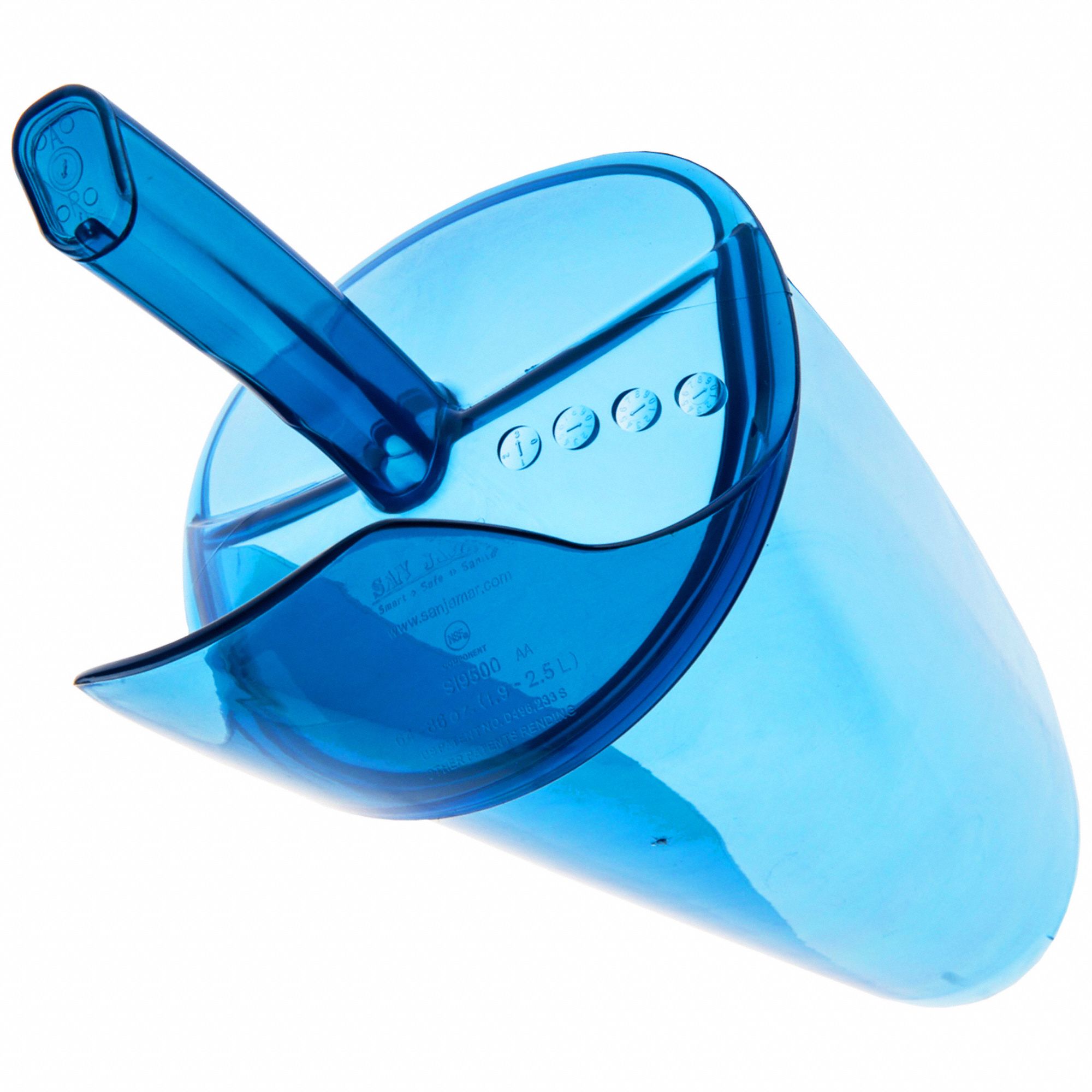 Ice Scoop: Blue, Polycarbonate, 6 3/4 in Wd, Dishwasher Safe, NSF, 64 oz Capacity - Min