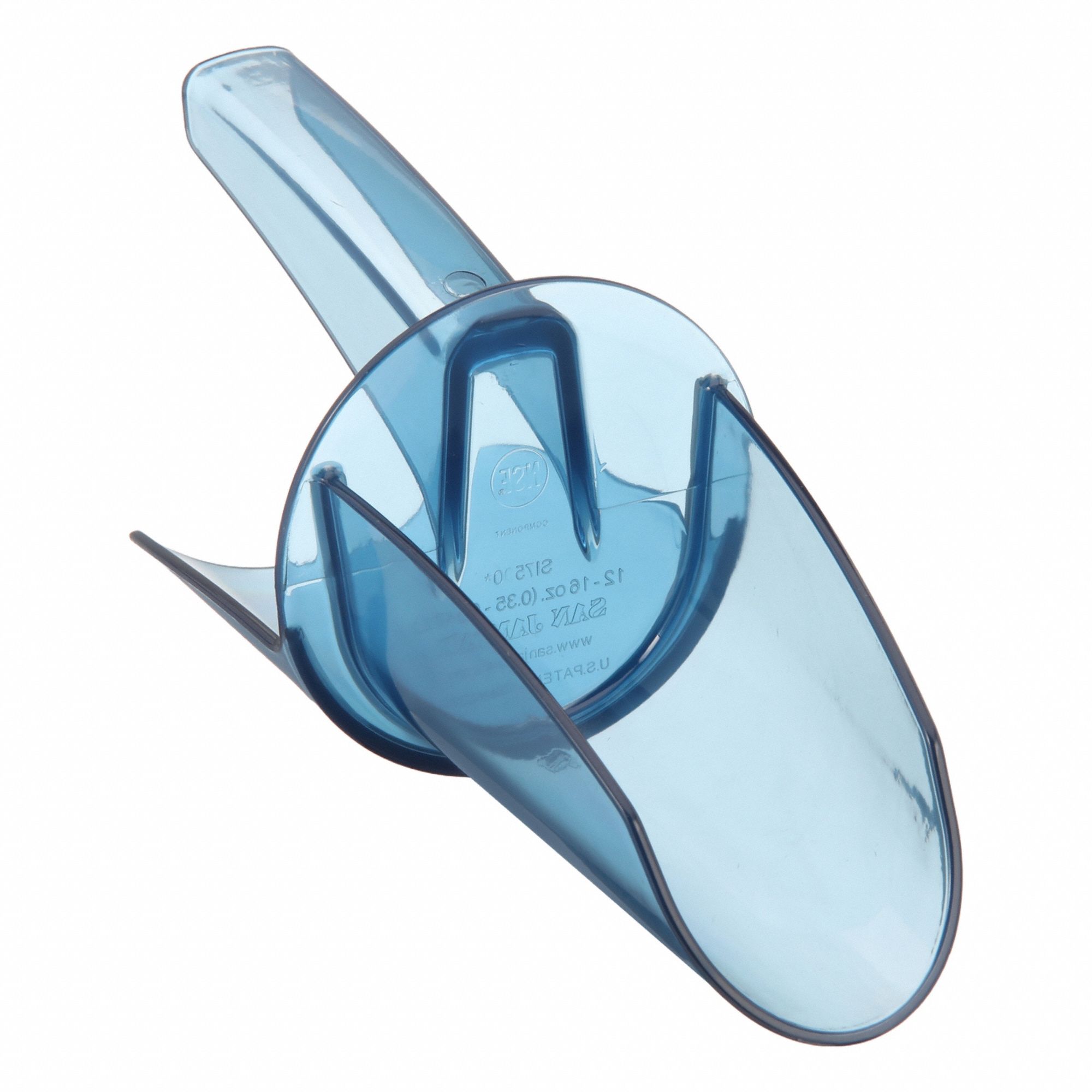 Ice Scoop: Blue, Polycarbonate, 4 3/4 in Wd, Dishwasher Safe, NSF, 12 oz Capacity - Min