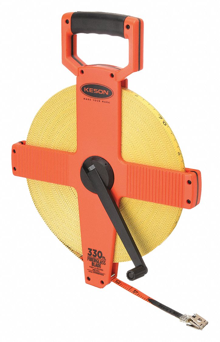 Long Tape Measure: Manual, OTR-18M-300, Metric/SAE, 300 ft / 100 m, 1/8 in/2 mm, Plastic, Open