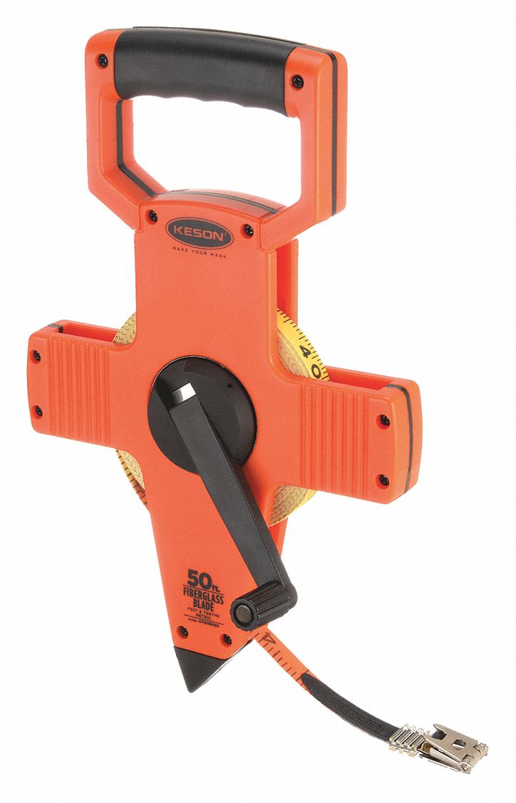 Long Tape Measure: Manual, OTR-10M-50, Metric/SAE/Engineers Scale, 50 ft / 15 m, 1/100 ft/2 mm