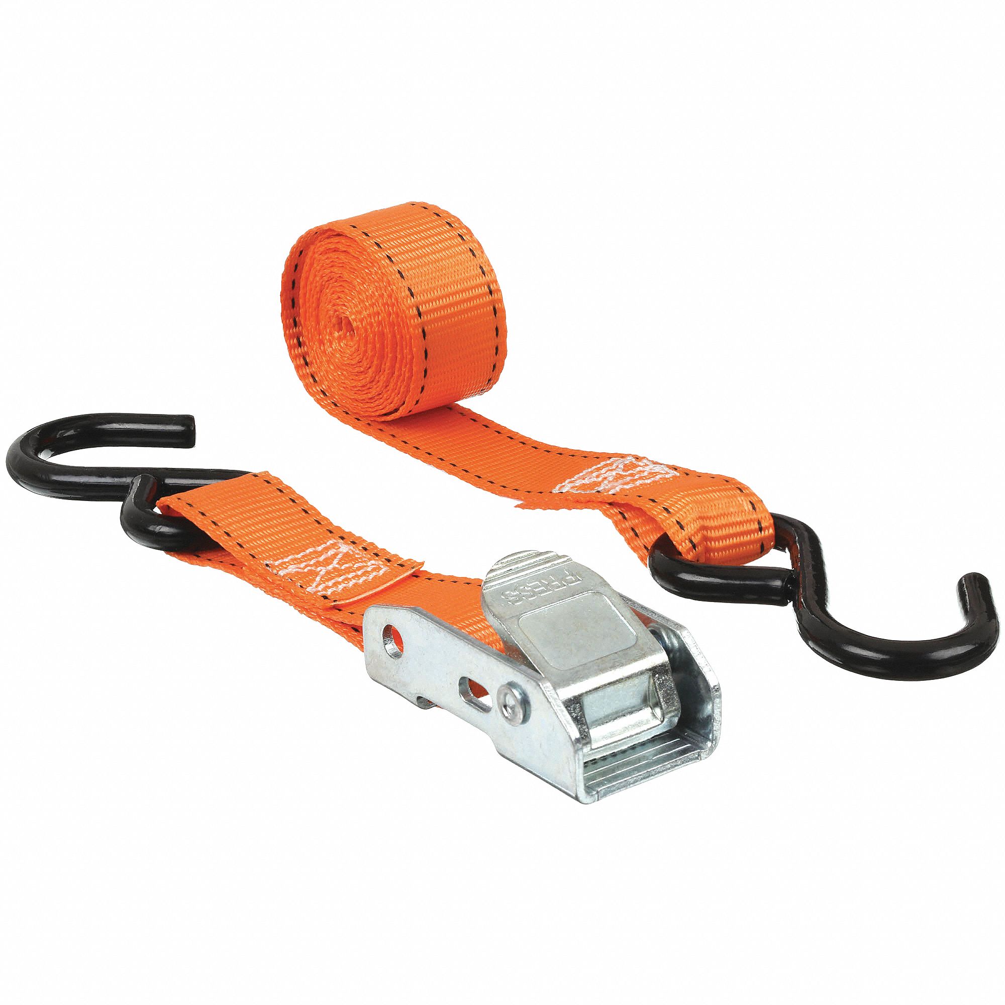 TIE DOWN STRAP, CAM BUCKLE, S-HOOK, GEN PURPOSE, 1 IN W, 300 LB WLL, ORANGE, 6 FT L, 4 PK