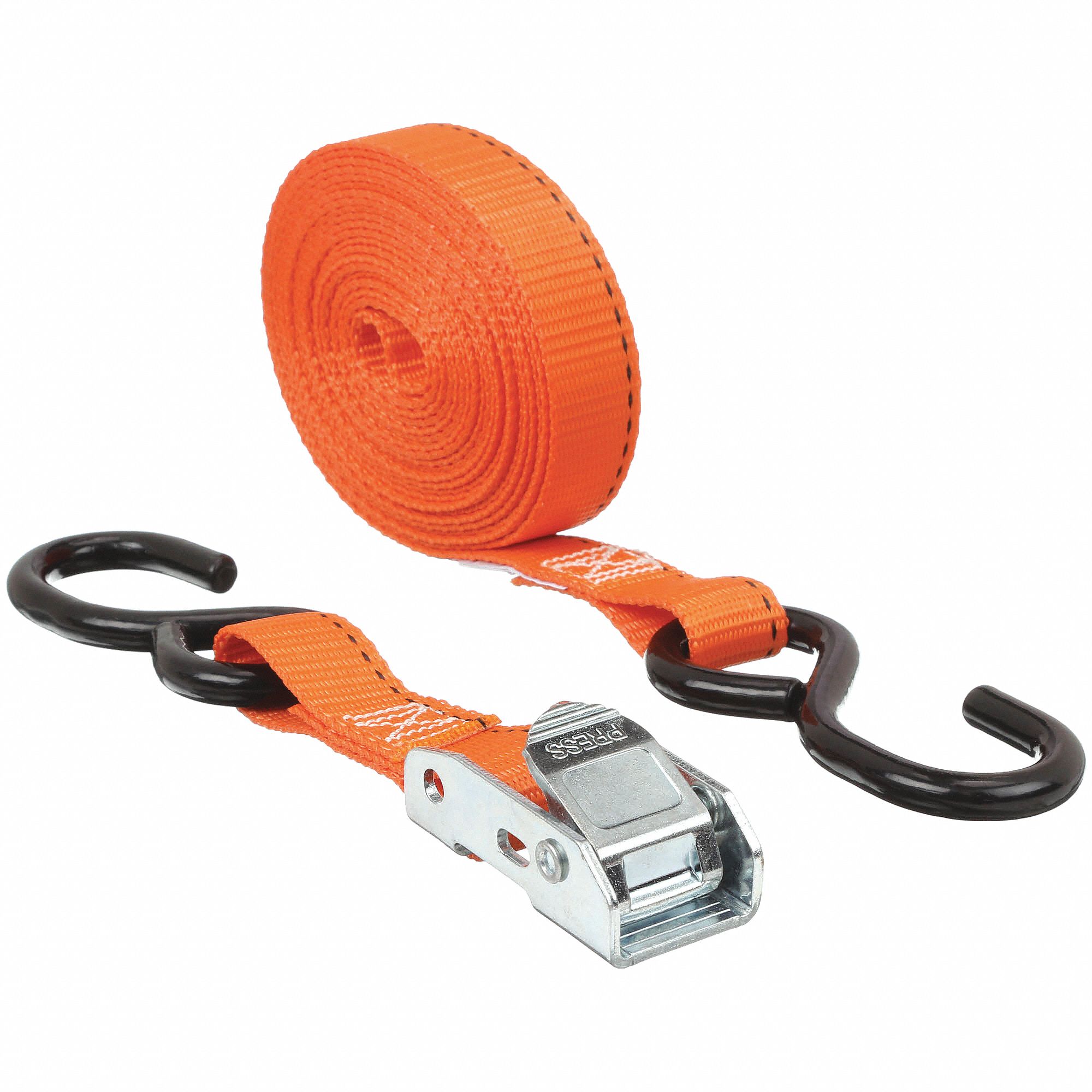 TIE DOWN STRAP, CAM BUCKLE, S-HOOK, GEN PURPOSE, 1 IN W, 400 LB WLL, ORANGE, 15 FT L