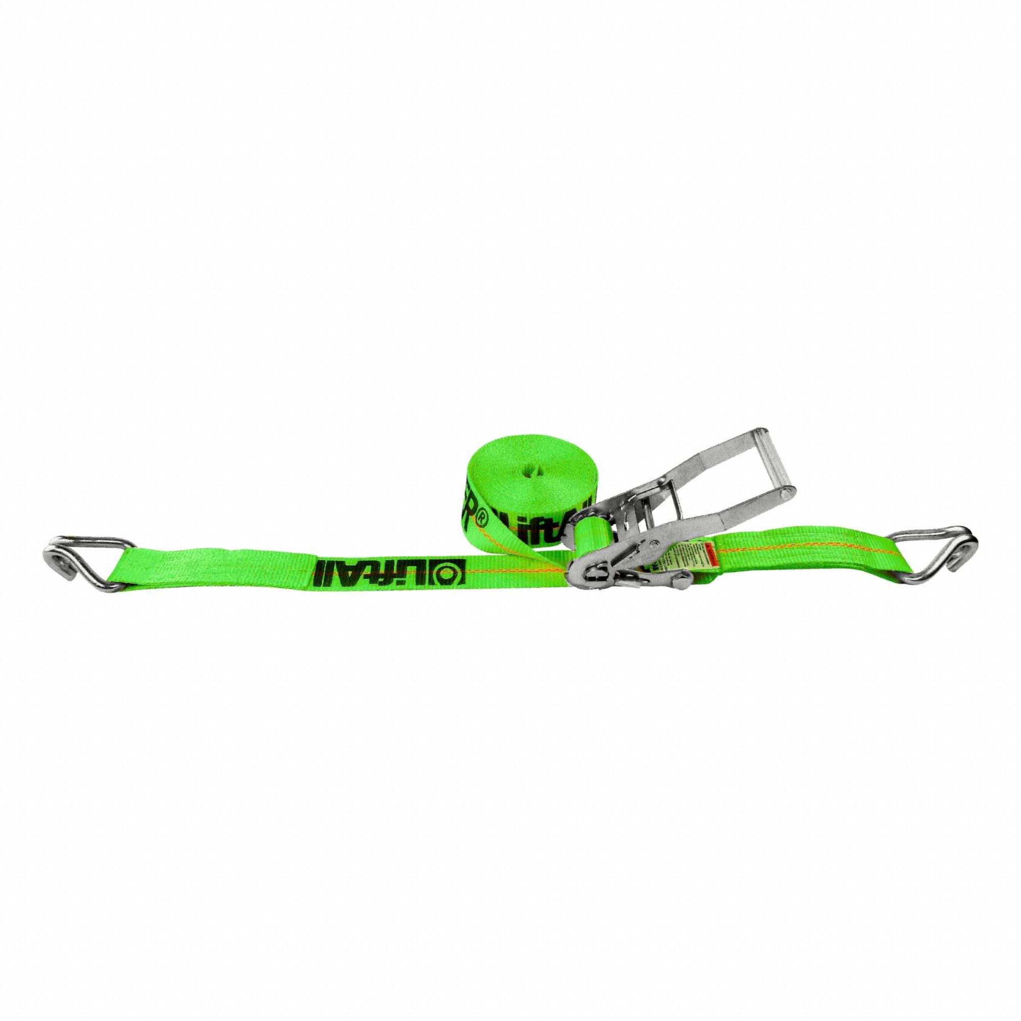 TIE DOWN STRAP, RATCHET, WIRE-HOOK, CUT-RESISTANT EDGES, 2 IN W, 1,600 LB WLL, YELLOW, 27 FT L