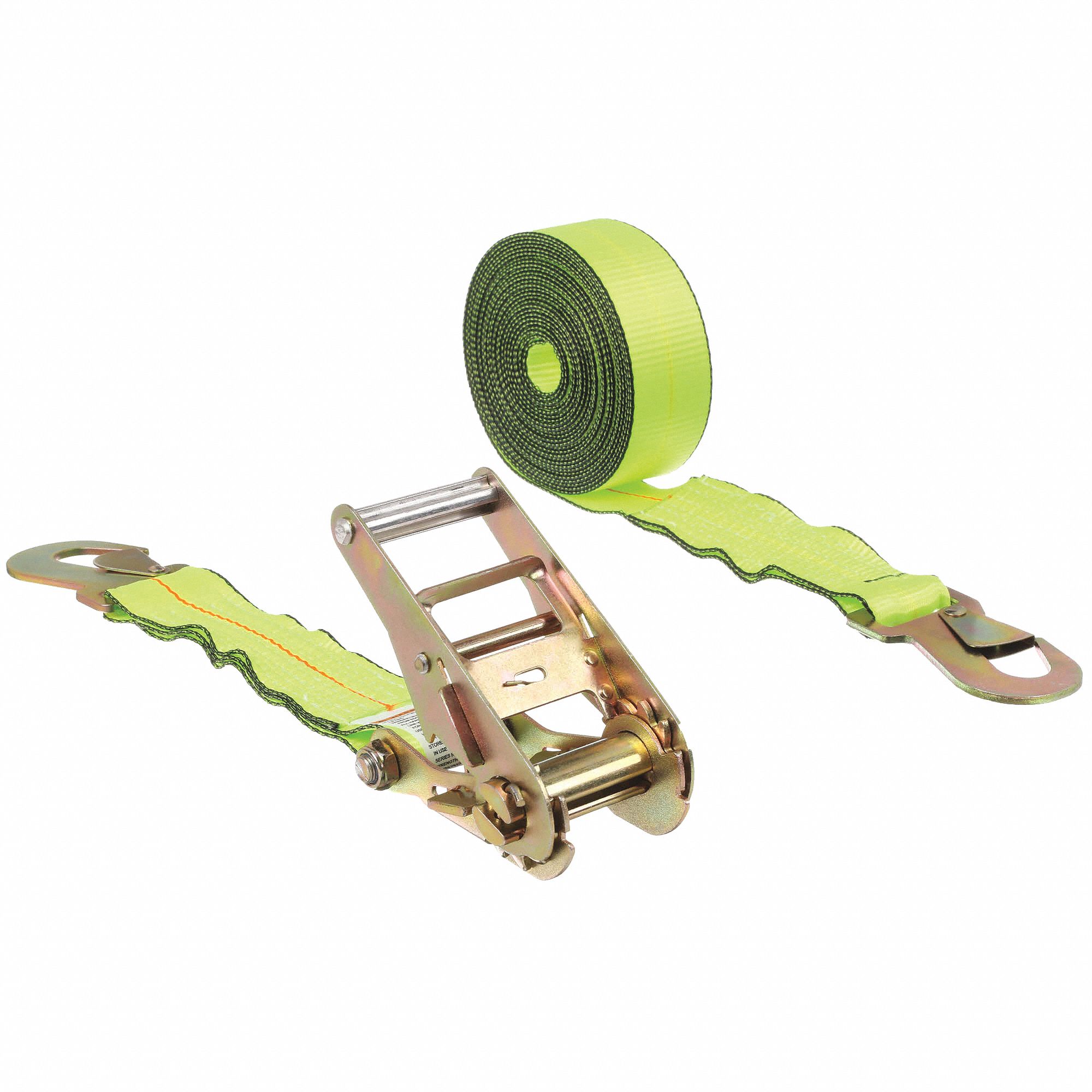 TIE DOWN STRAP, RATCHET, SNAP-HOOK, CUT-RESISTANT EDGES, 2 IN W, 1,600 LB WLL, YELLOW, 27 FT L