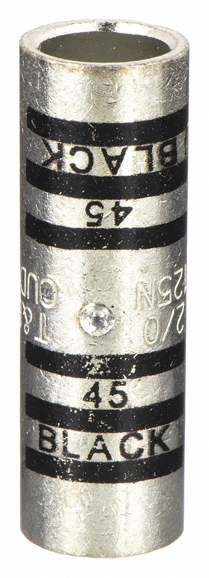 Open Barrel Splice: 2/0 AWG Wire Size, Black Code, 1.75 in, Copper Barrel, 45 Die