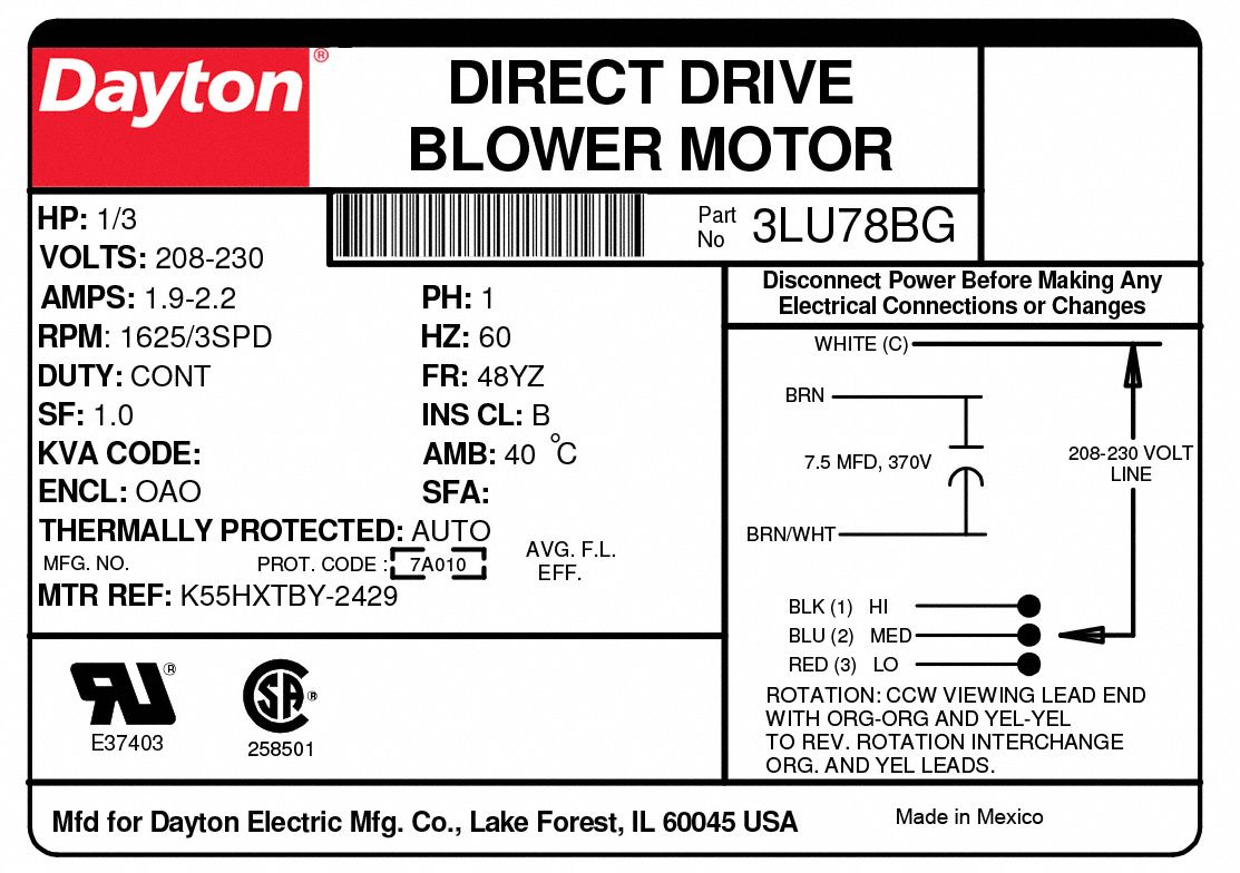 DAYTON Direct Drive Blower Motor: 3 Speed, Open Air-Over, Ring/Stud ...