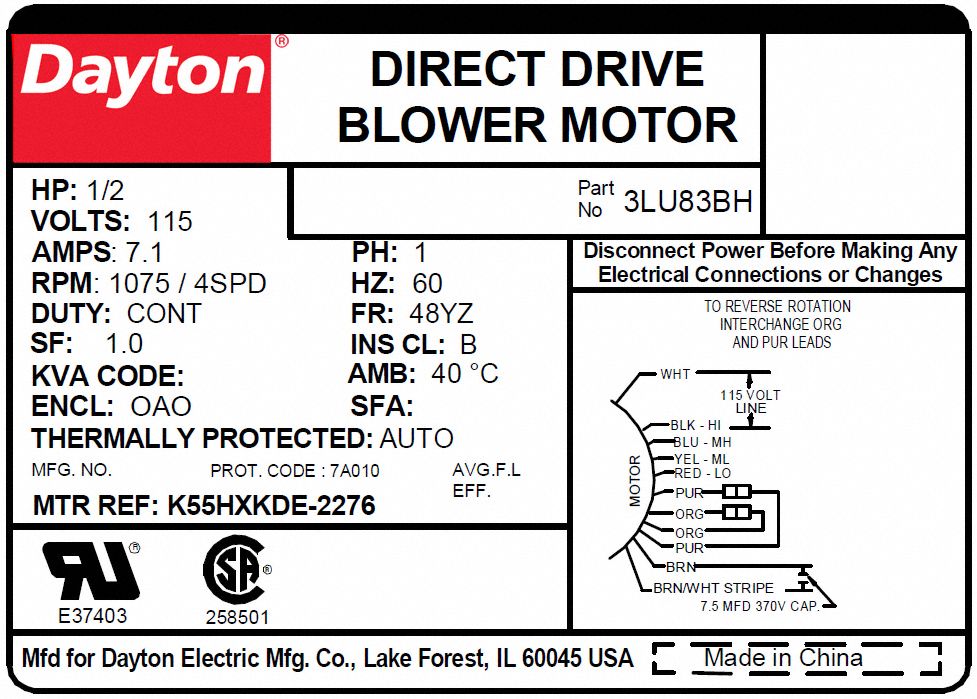Dayton Direct Drive Er Motor 1 2