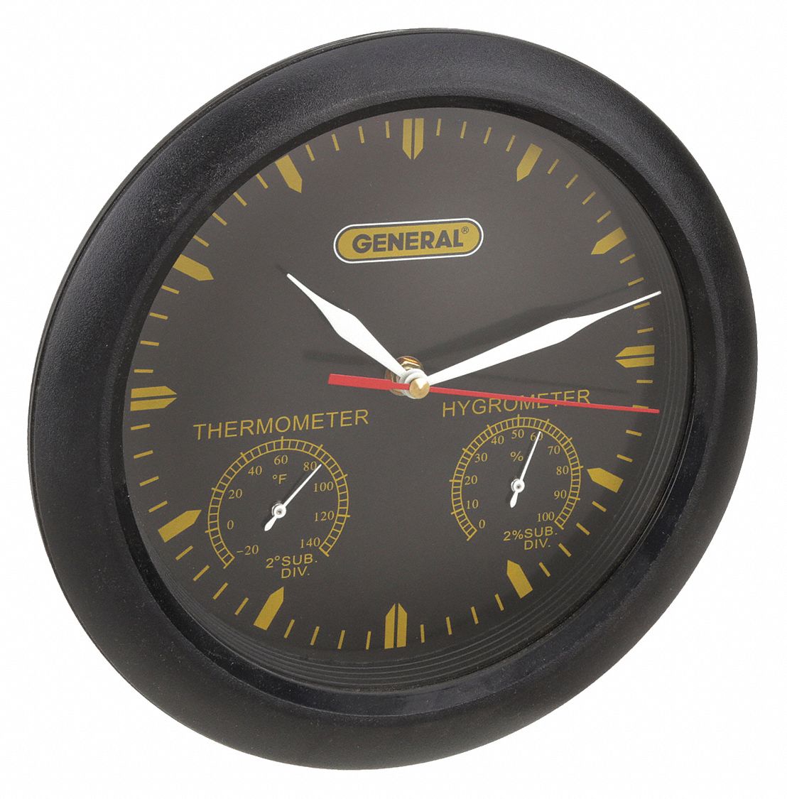 Analogue wall clock with digital thermometer and hygrometer