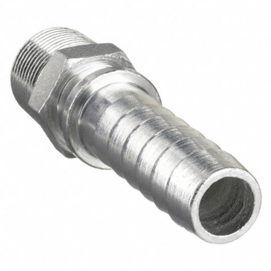Barbed Steam Hose Fitting: 1 in x 1 in Fitting Size, Male x Male, Hose Barb  x NPT, Steel x Steel