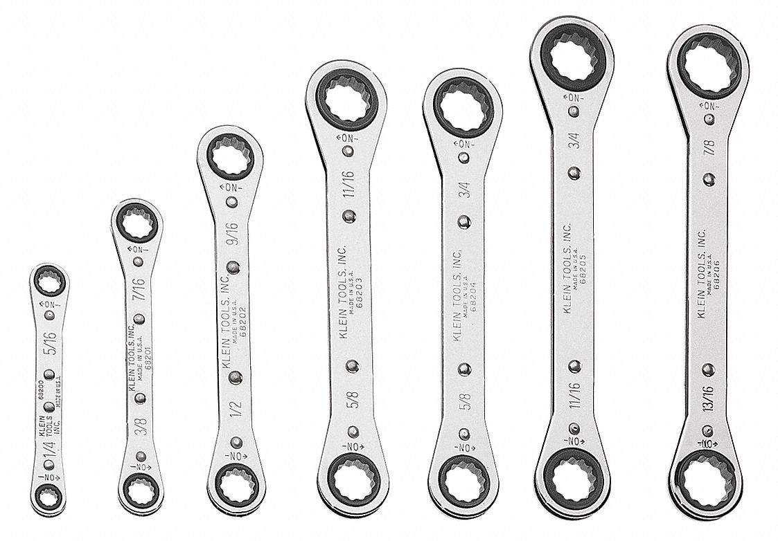 Box End Wrench Set: Alloy Steel, Chrome, 7 Tools, 1/4 in to 7/8 in Range of  Head Sizes