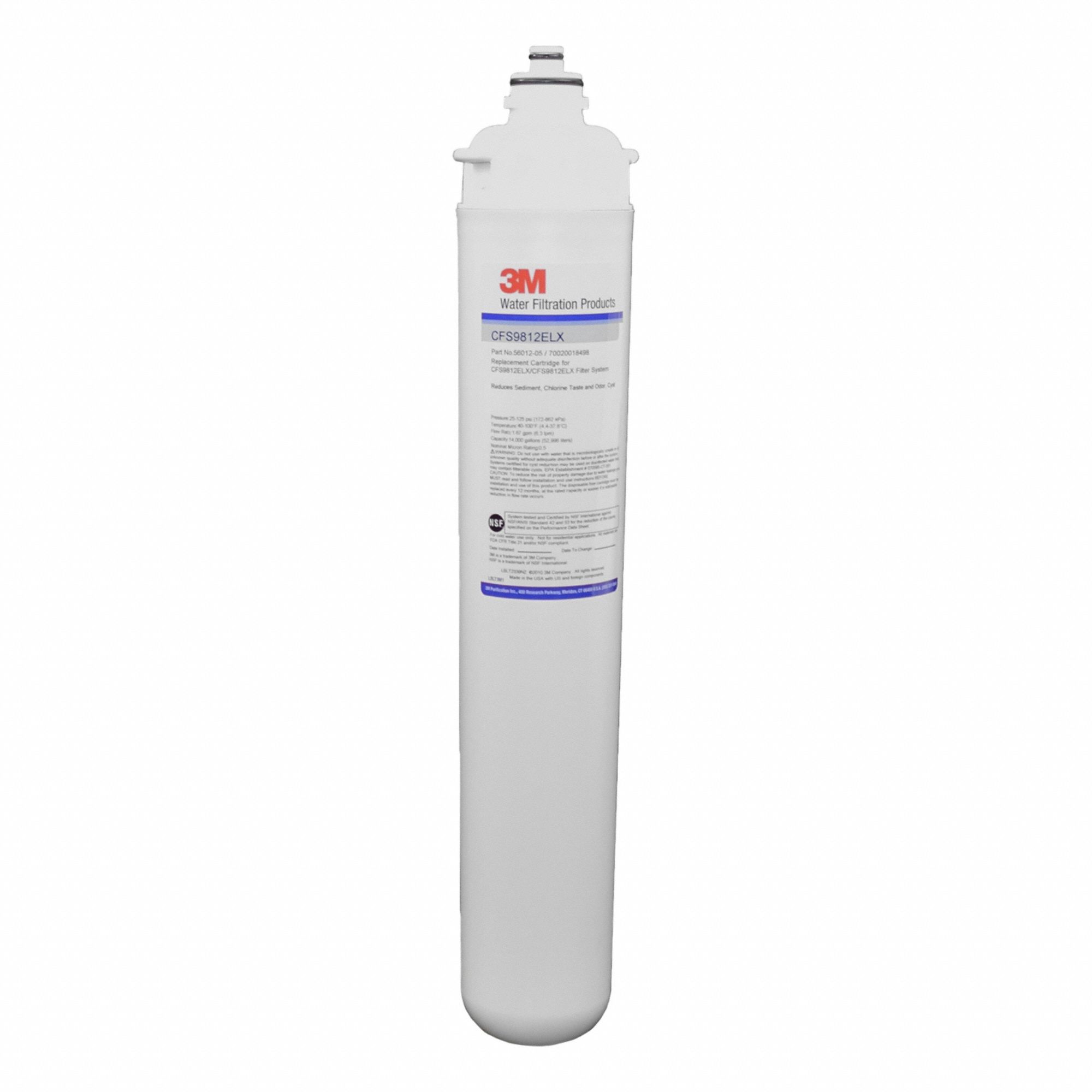 SOLVENTUM CORP DBA 3M HEALTHC Quick-Connect Water Filter: 0.5 micron, 1.7 gpm, 14,000 gal (MPN CFS8812-ELX-S). Key specifications — Filter Media: Activated Carbon; Reduces: Cyst; Brand: SOLVENTUM CORP DBA 3M HEALTHC.