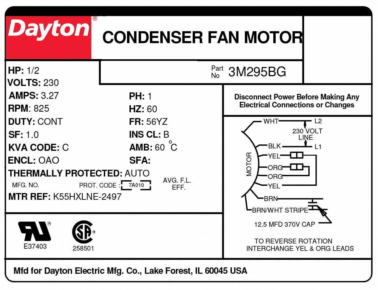 DAYTON Condenser Fan Motor, 1/2 HP, Permanent Split Capacitor