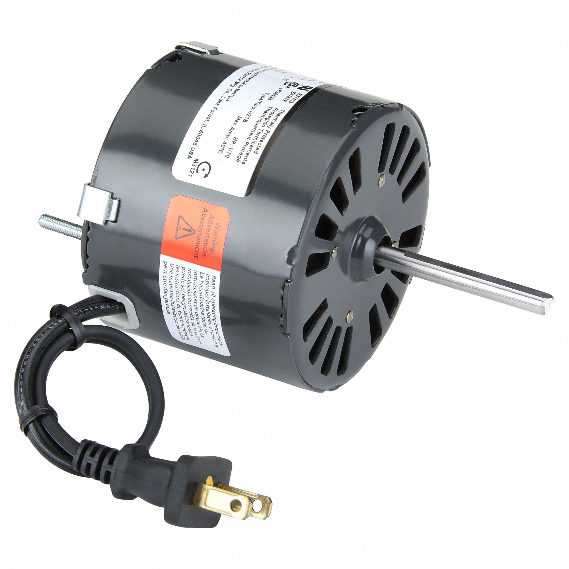 HVAC Motor: Stud, Shaded Pole, Single Phase, 1/70 hp, 3, 000 RPM, 3.3 Frame Size, 115V AC, B