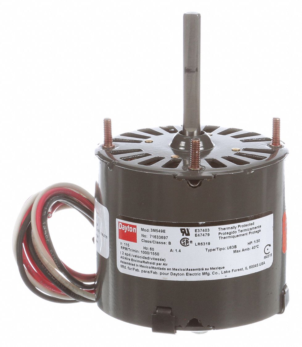DAYTON HVAC Motor, 1/30 HP, Shaded Pole, Nameplate RPM 1,550, No. of Speeds 2, Voltage 115V AC