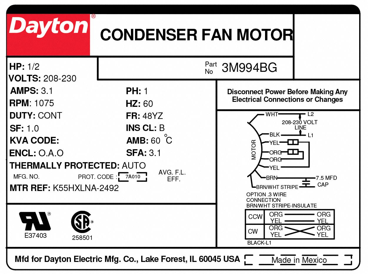 Moteur Ventilateur Condenseur DAYTON 3M990 - 1/4 HP, 1075 Tr/min, 60Hz - Neuf