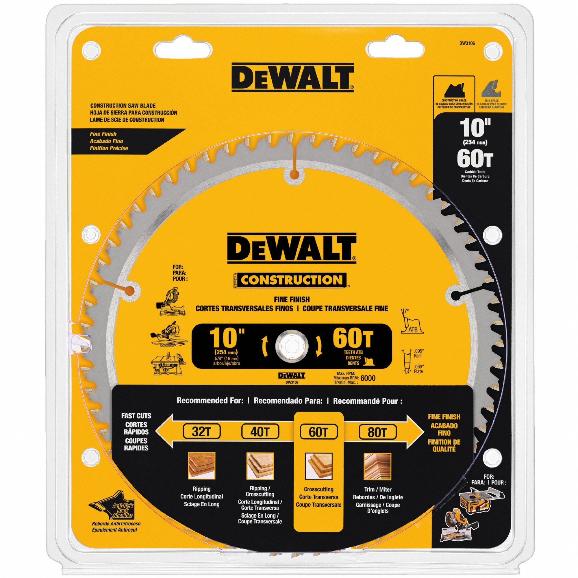 Dewalt Circular Saw Blade Wood Materials Cut 10 In Blade Dia 58 In Arbor Size Round Arbor 