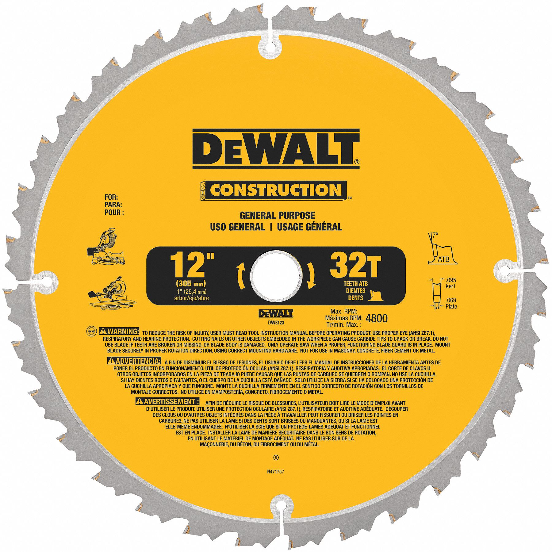 DEWALT Circular Saw Blade, Wood Materials Cut, 12 in Blade Dia., 1 in