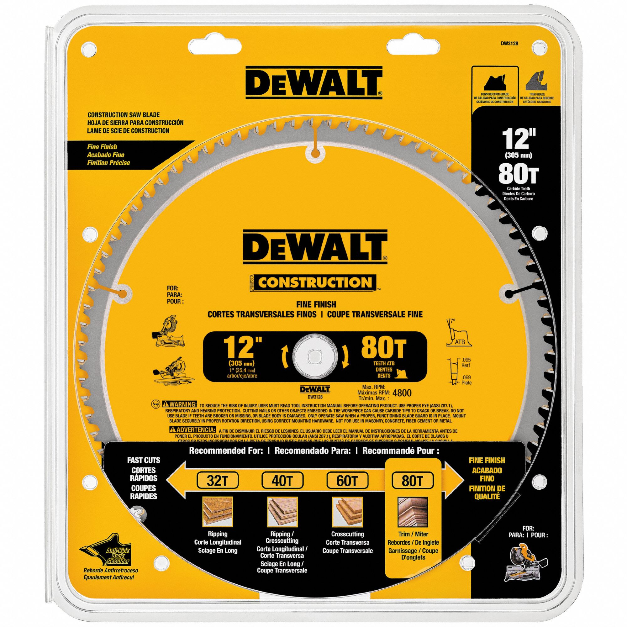 Dewalt Circular Saw Blade 12 In Blade Dia 80 Teeth 0095 In Cut Wd 1 In Arbor Size 3mf73 