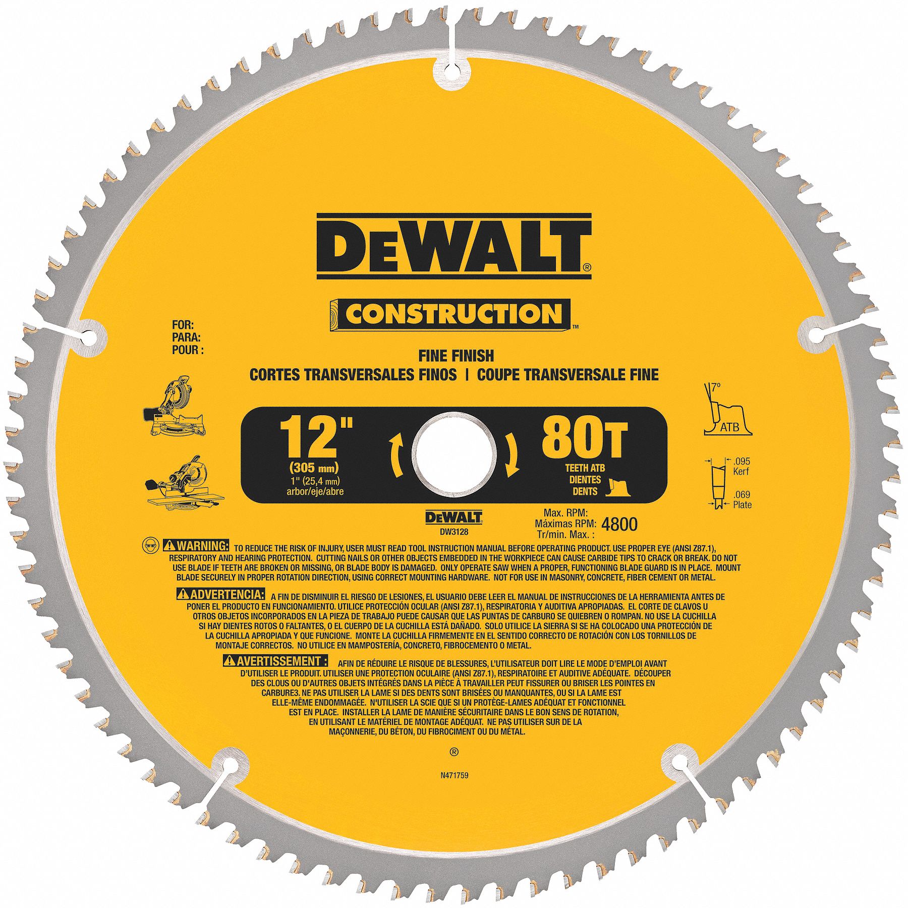 DEWALT, 12 in Blade Dia., 80 Teeth, Circular Saw Blade - 3MF73|DW3128 ...